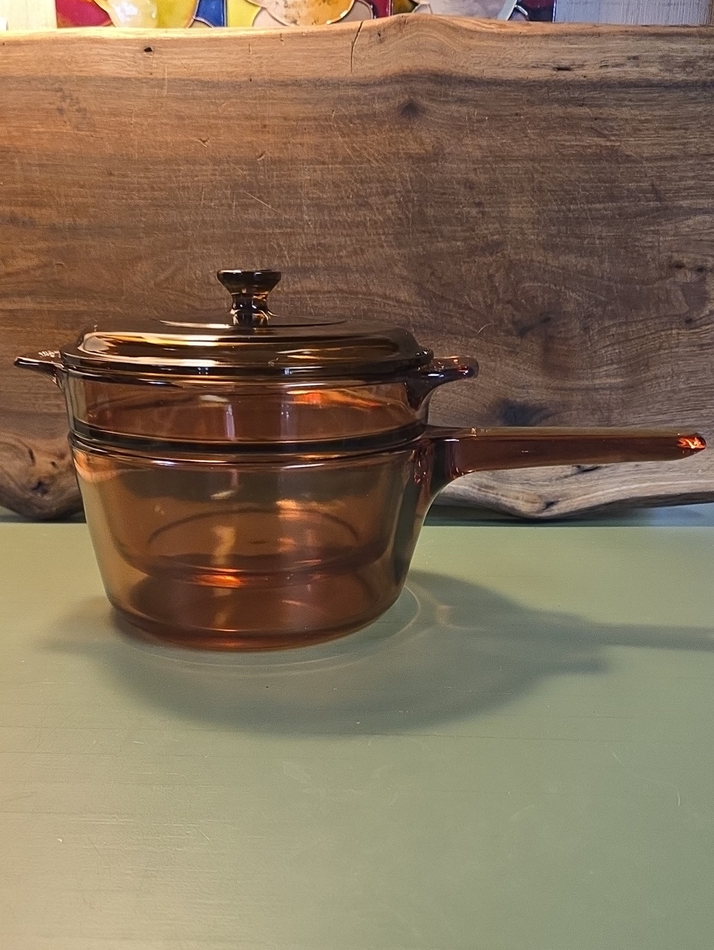 Visions Amber Double Boiler Pot W/ Pyrex Lid Cookware  1.5L & V 20 B Insert USA